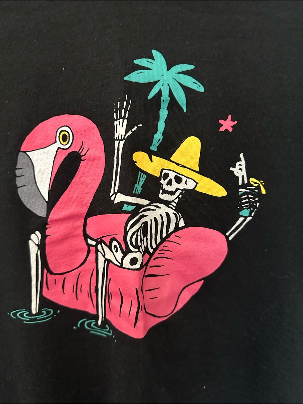 Tropical Skeleton Flamingo Graphic Tee — Black with Hot Pink, Yellow & Teal